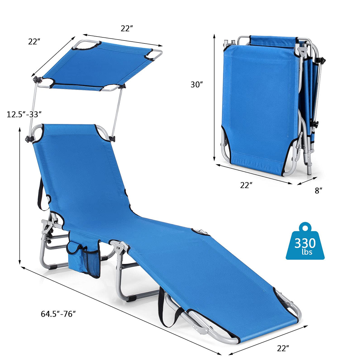 Folding Lounge Chair with Canopy �� Shade Chair with Storage Pocket