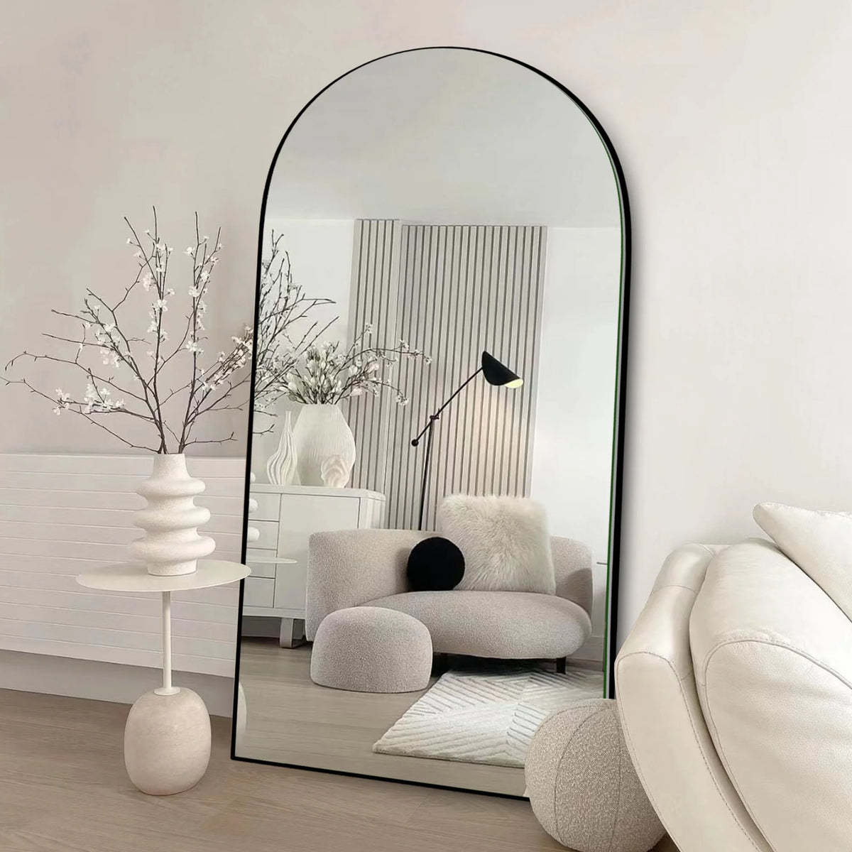 Arched Full Length Wood Floor Mirror, Full Body Standing and Wall Mounted Mirror for Bedroom, Living Room and Home Decor