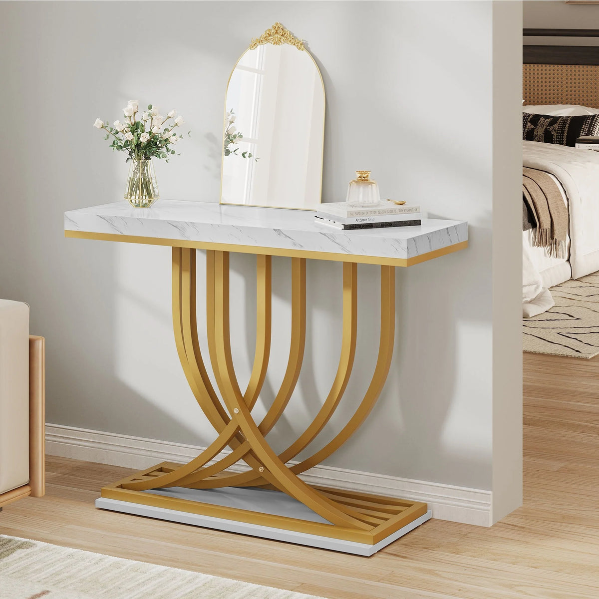 Modern Gold Console Table with Marbled Top, Sofa Table for Entryway and Hallway