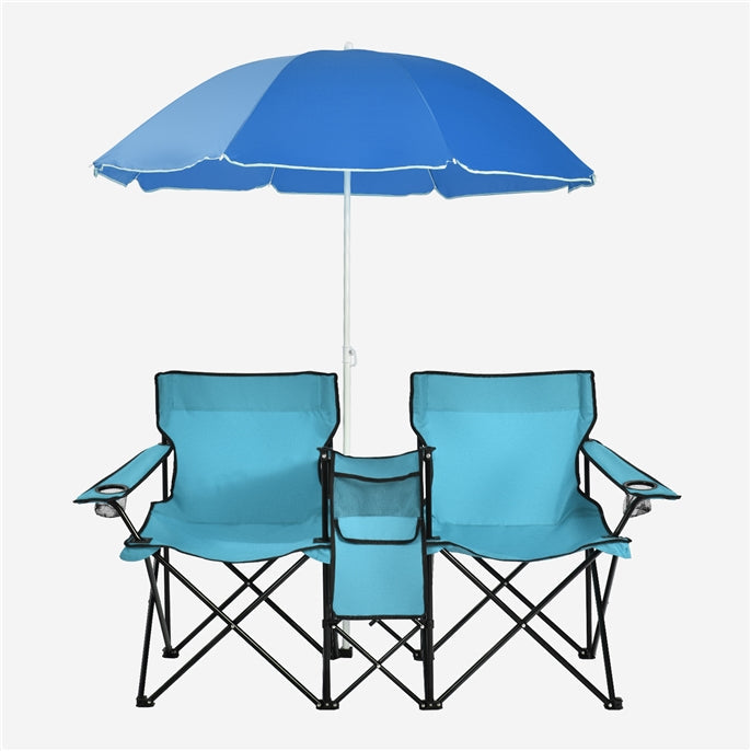 Double Folding Picnic Chairs with Umbrella �� Mini Table & Beverage Holder Included