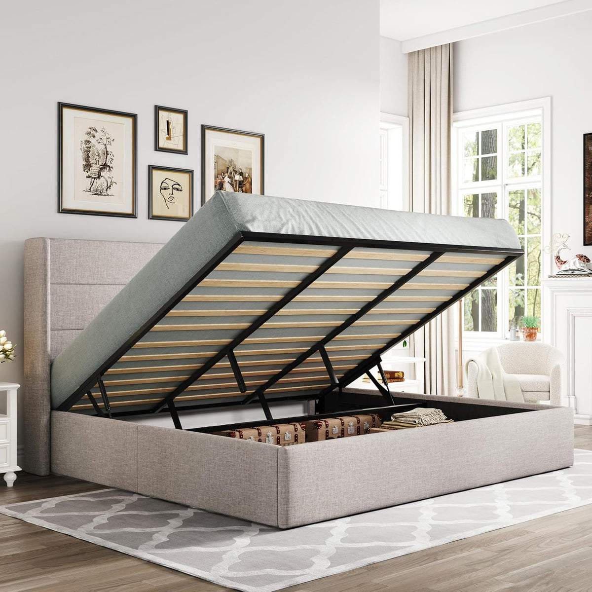 Queen Size Lift Up Storage Bed with Wingback Headboard, Upholstered Platform Bed Frame with Hidden Storage