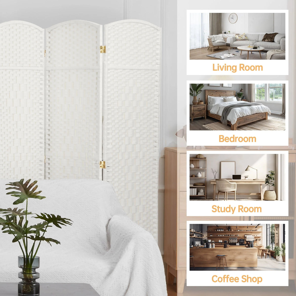 6 FT Tall Woven Fiber Room Divider, Freestanding Folding Privacy Screen