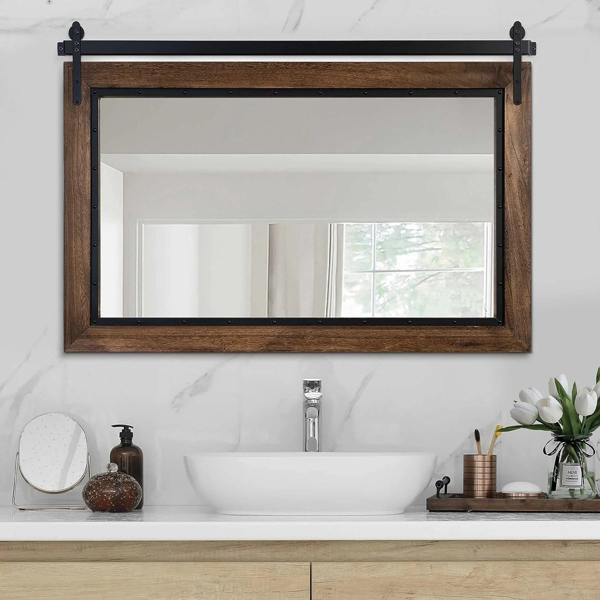 Farmhouse Barn Door Style Bathroom Vanity Mirror, Natural Wood Wall Mirror for Bathroom, Bedroom and Entryway
