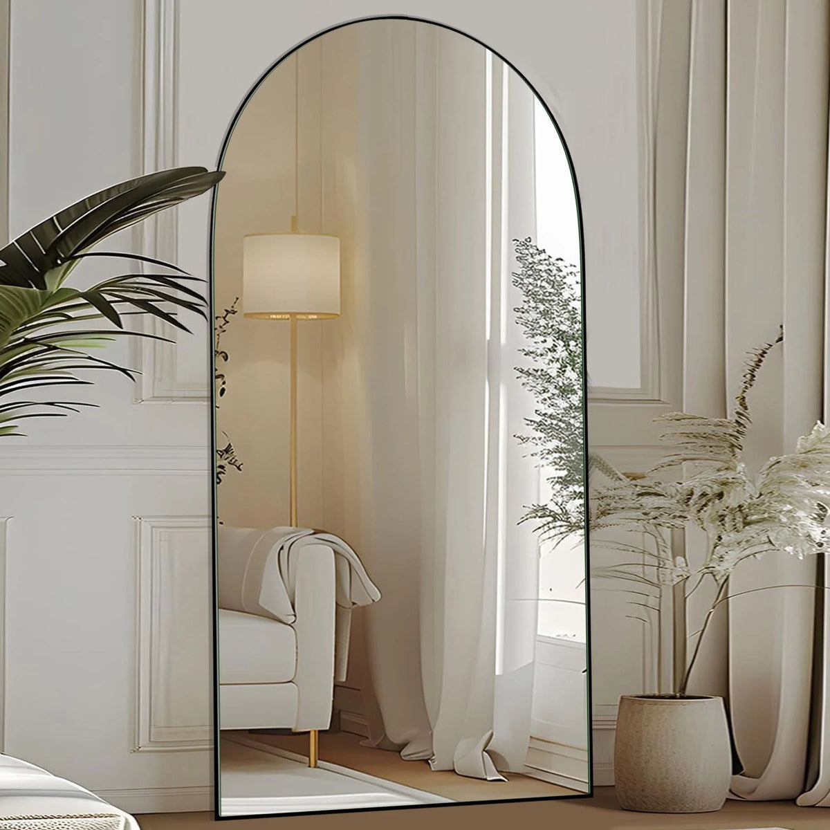 Arched Full Length Wood Floor Mirror, Full Body Standing and Wall Mounted Mirror for Bedroom, Living Room and Home Decor