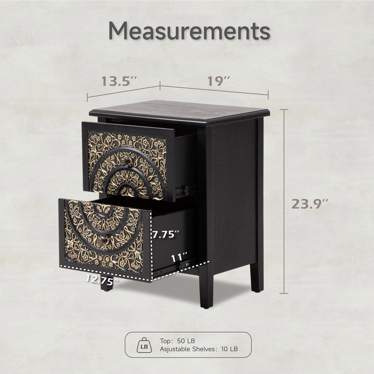Farmhouse Fully Assembled Nightstand with 2 Drawers, Flower Motif End Table for Small Spaces