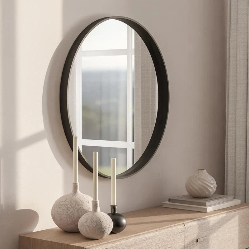 Classic Farmhouse Round Wall Mirror, Wooden Frame Decorative Accent Mirror for Living Room, Bedroom and Entryway
