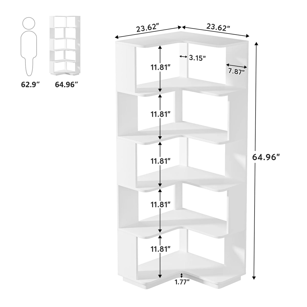 64.9 Inch Tall 6-Tier Corner Bookshelf, Freestanding Wood Industrial Bookcase