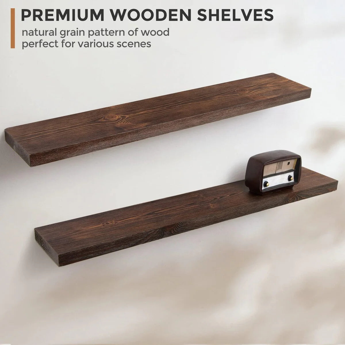Set of 2 Handcrafted European Pine Floating Wall Shelves, Natural Rustic Wood