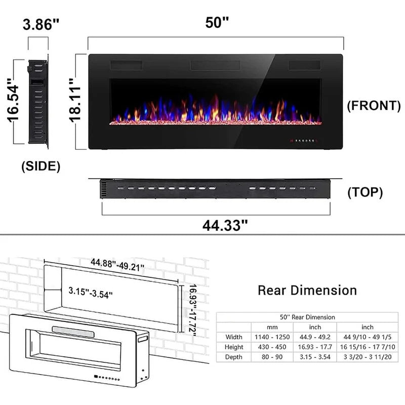Recessed Electric Fireplace Heater, Wall Mounted 750-1500W Fireplace with Remote Control