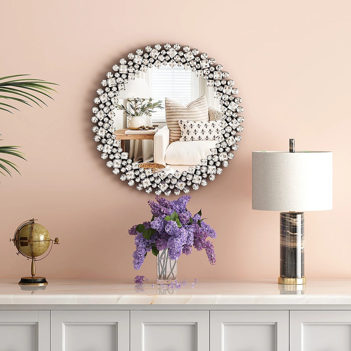 Modern Round Wall Mirror, Crystal Accent Decorative Mirror for Living Room, Bedroom and Entryway