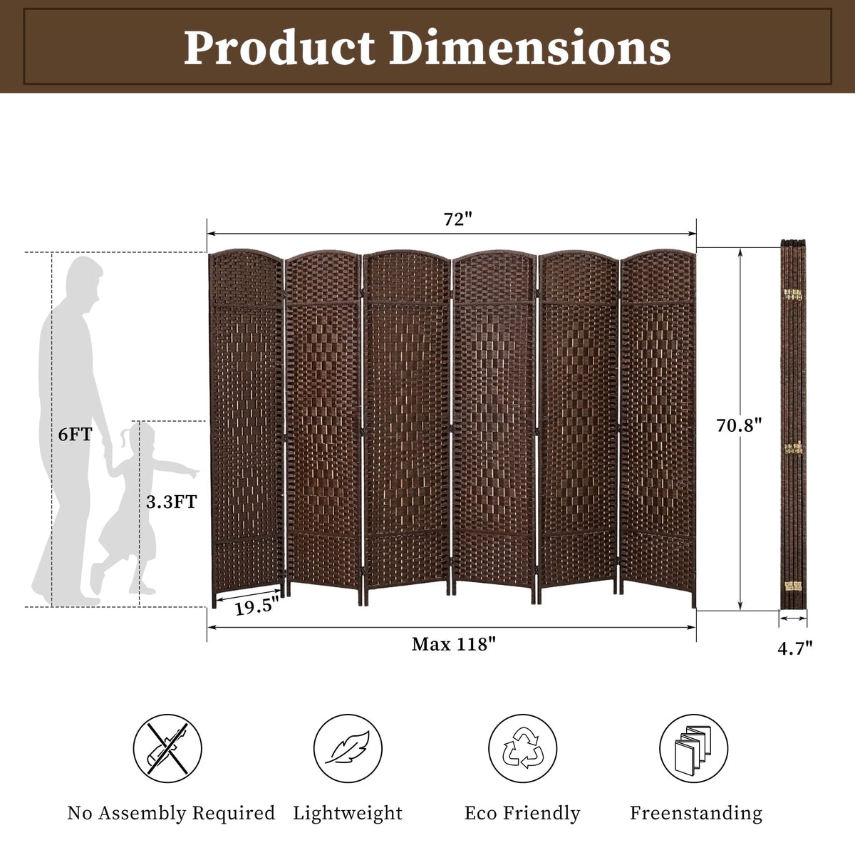 6 FT Tall Woven Fiber Room Divider, Freestanding Folding Privacy Screen