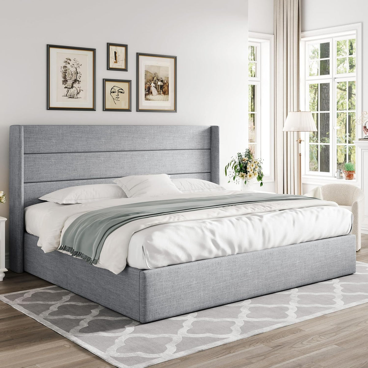 Queen Size Lift Up Storage Bed with Wingback Headboard, Upholstered Platform Bed Frame with Hidden Storage