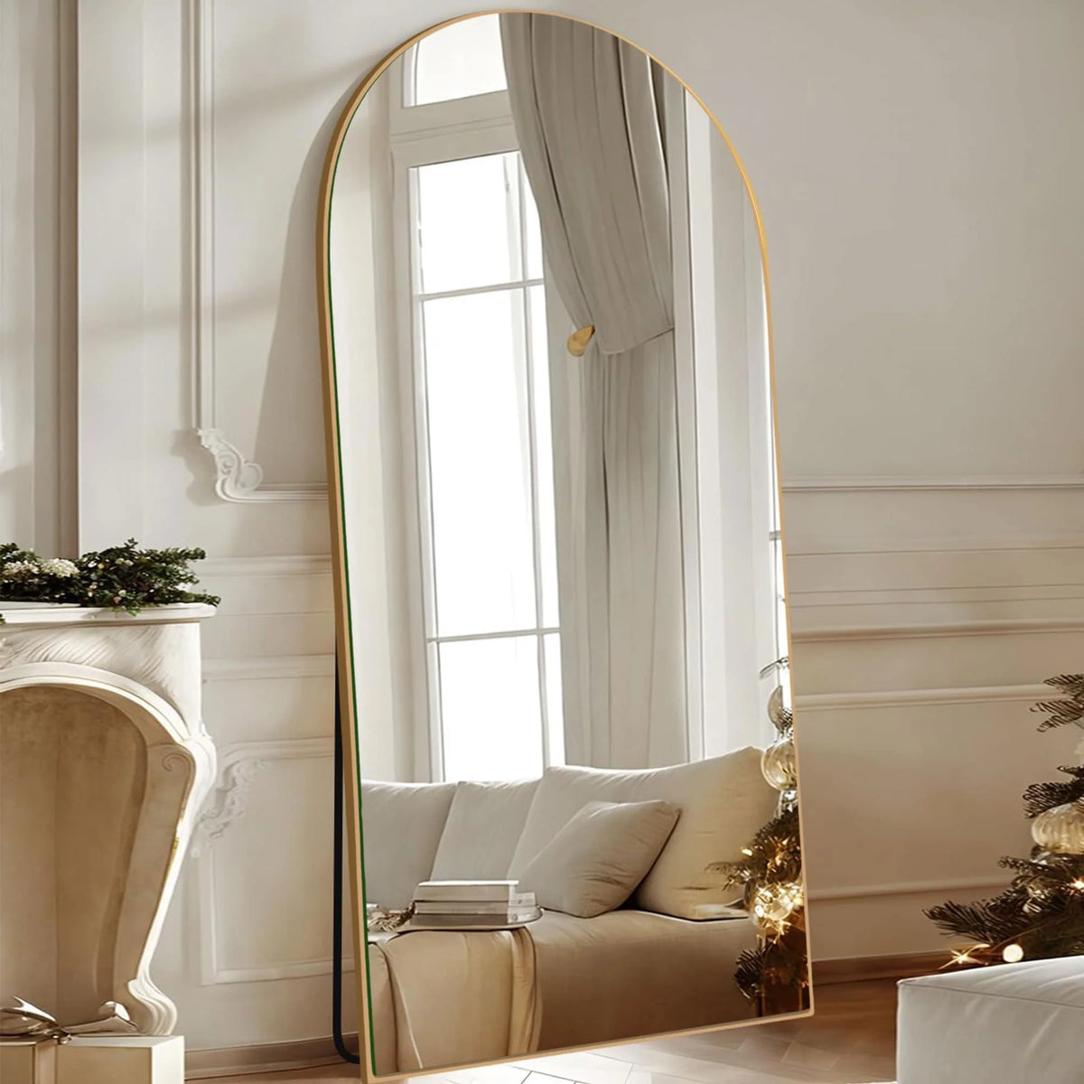 Arched Full Length Wood Floor Mirror, Full Body Standing and Wall Mounted Mirror for Bedroom, Living Room and Home Decor
