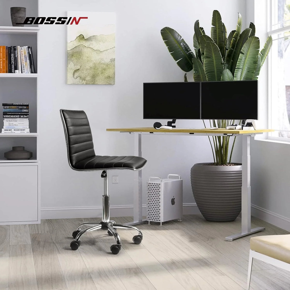 Adjustable Mid-Back Armless Swivel Office Chair, Ribbed Task and Vanity Chair for Small Spaces