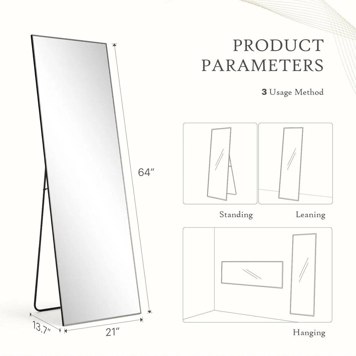 Full Length Mirror with Stand, Aluminum Alloy Frame Full Body Floor Mirror for Bedroom and Cloakroom