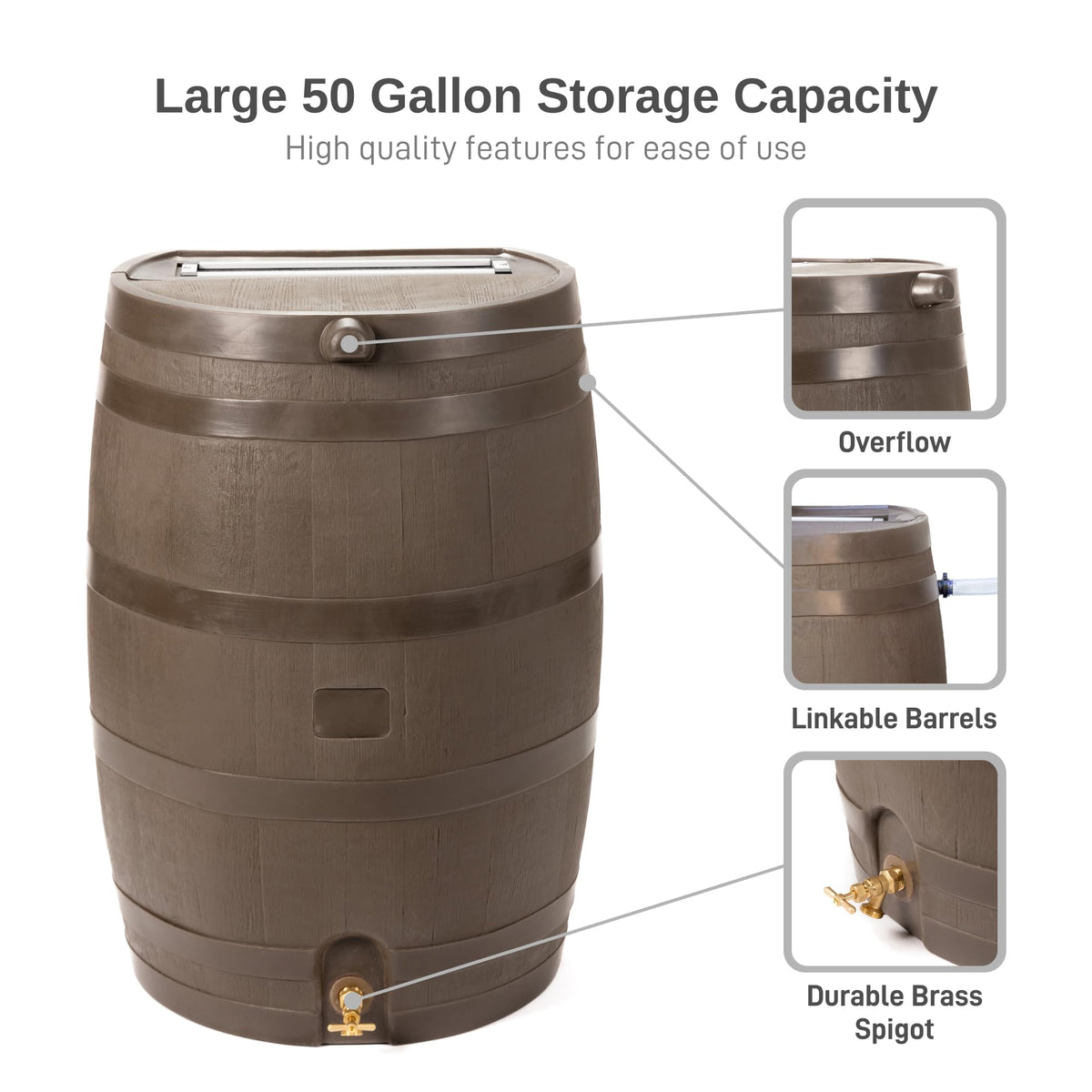 50 Gallon Rain Barrel with Brass Spigot, Large Outdoor Rainwater Collection and Storage Container for Garden