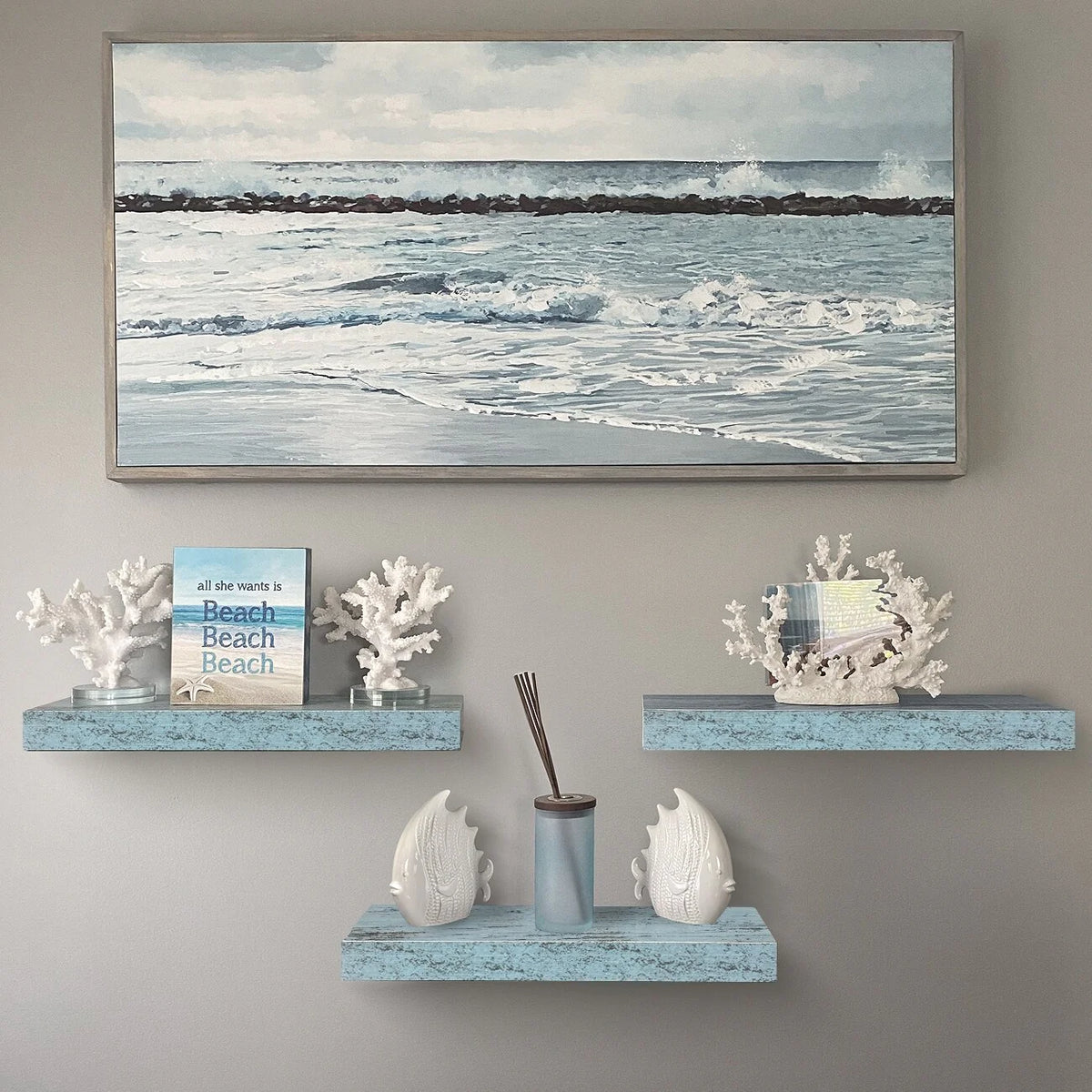 3-Pack Rustic Wood Floating Wall Shelves, Beach Style Hanging Display and Storage Shelves