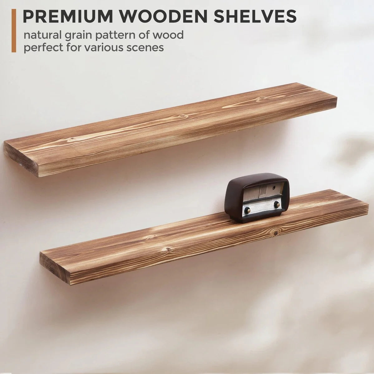 Set of 2 Handcrafted European Pine Floating Wall Shelves, Natural Rustic Wood