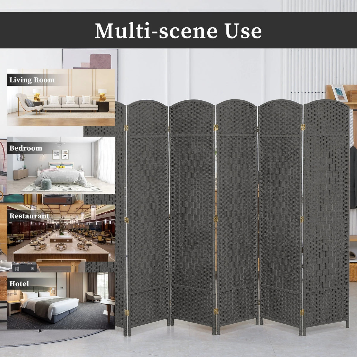 6 FT Tall Woven Fiber Room Divider, Freestanding Folding Privacy Screen