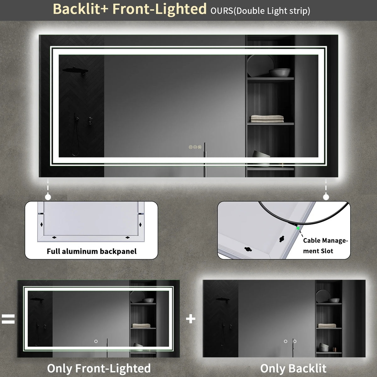 Extra Large LED Lighted Bathroom Mirror, Anti-Fog Wall Mounted Vanity Mirror with 3 Colors