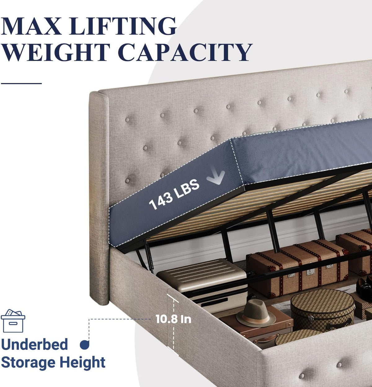 Queen Size Lift Up Storage Bed with Wingback Headboard, Upholstered Platform Bed Frame with Hidden Storage