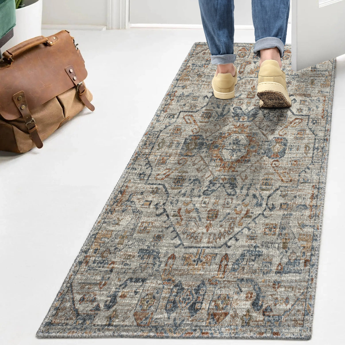 Bohemian Medallion Low-Pile Machine-Washable Area Rug, Cream and Terra
