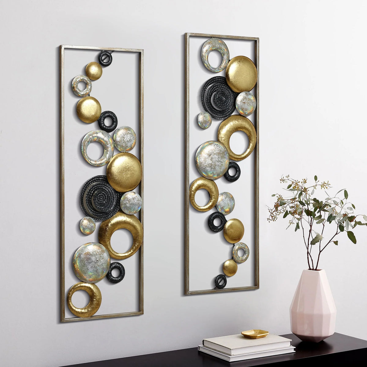 Set of 2 Modern Multi-Color Abstract Metal Wall Decor Panels, Decorative Wall Art for Living Room and Bedroom