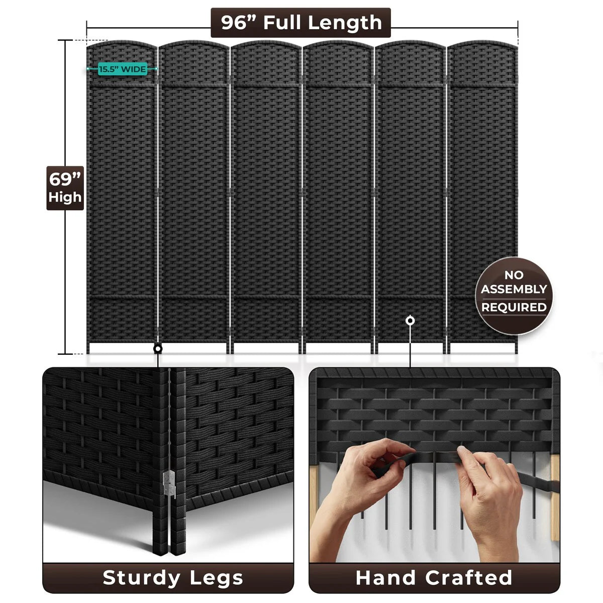 6 Panel Room Divider, 6ft Tall Extra Wide Folding Privacy Screen with Hand-Woven Mesh Panels