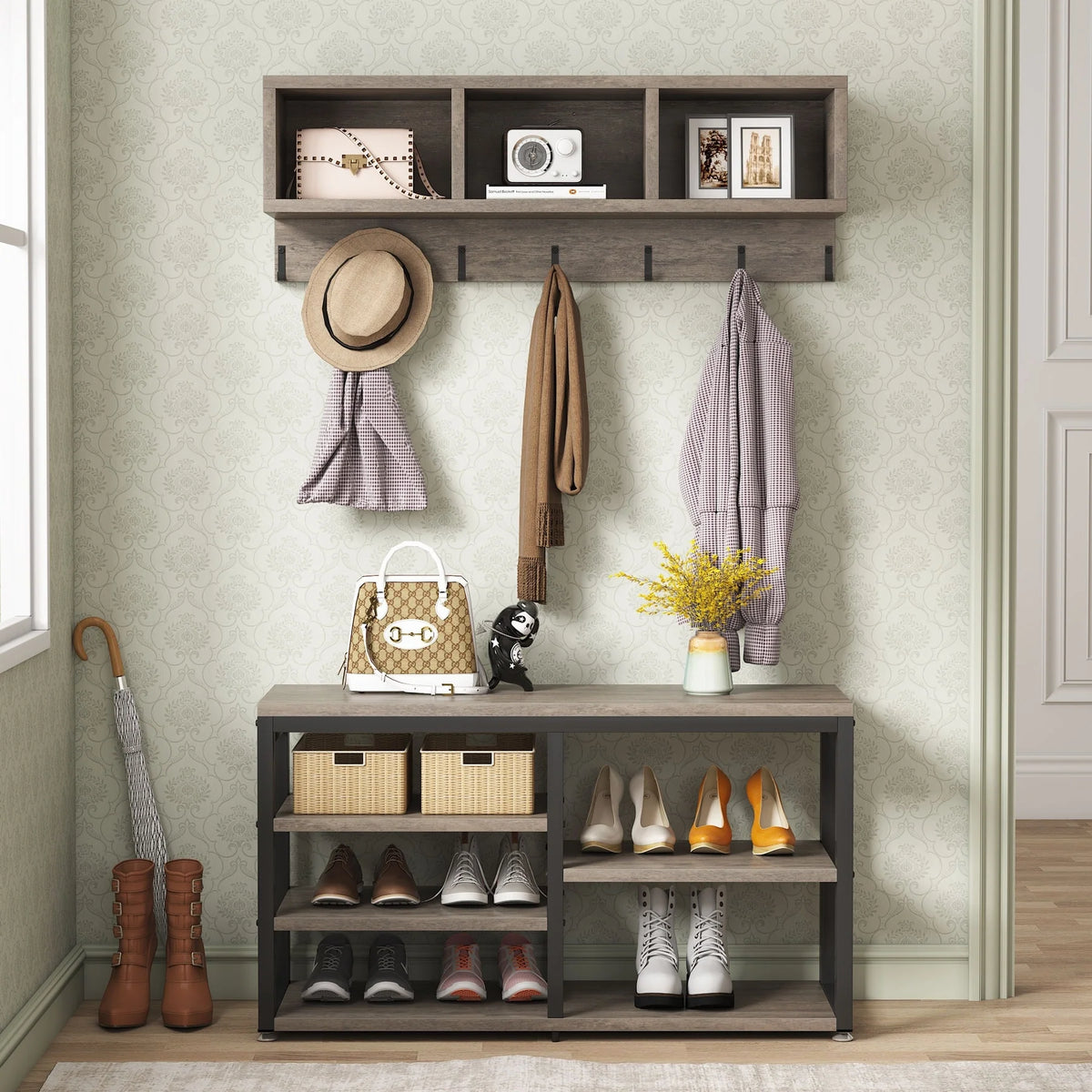 Entryway Coat Rack and Shoe Bench Set, Industrial Hall Tree with Coat and Shoe Storage