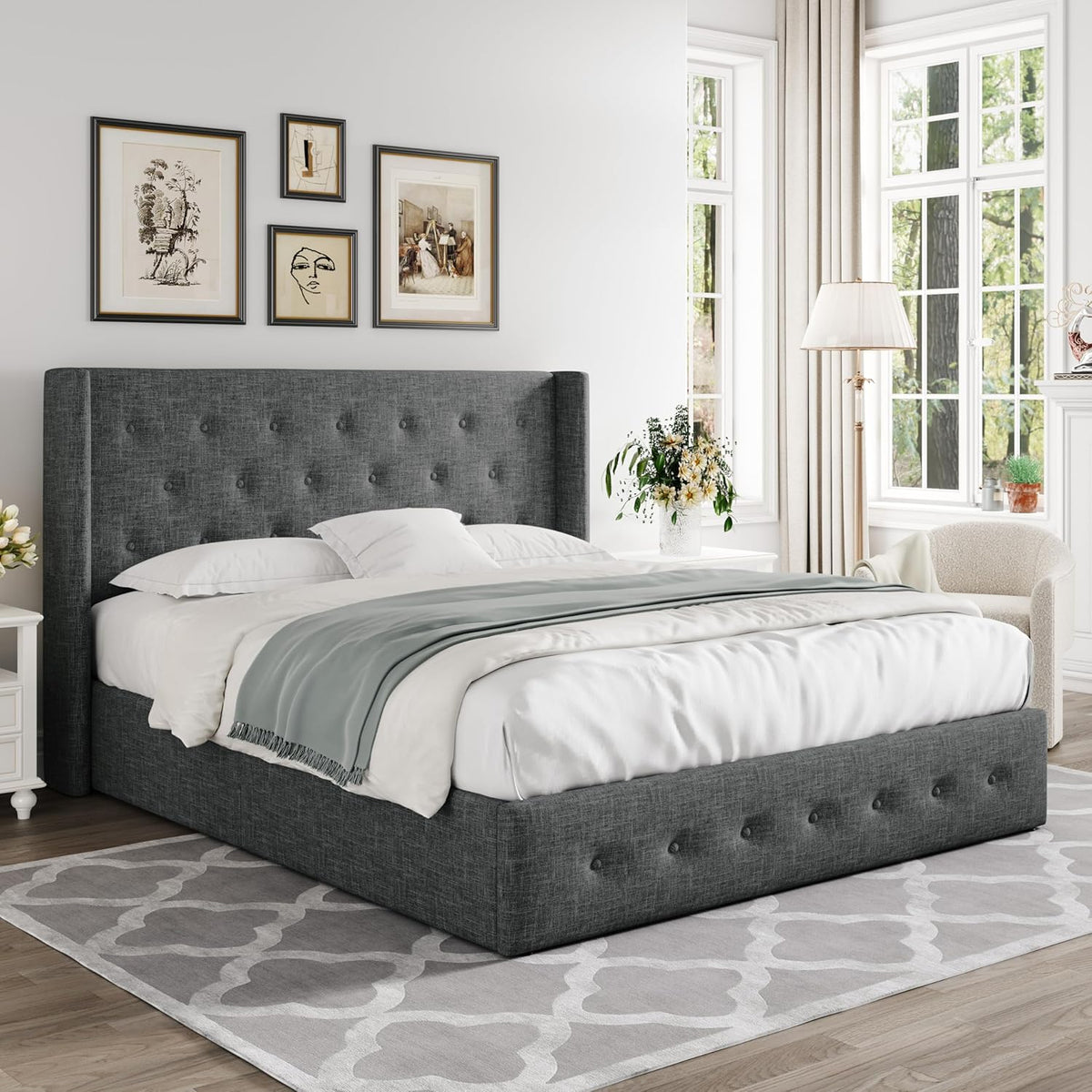 Queen Size Lift Up Storage Bed with Wingback Headboard, Upholstered Platform Bed Frame with Hidden Storage