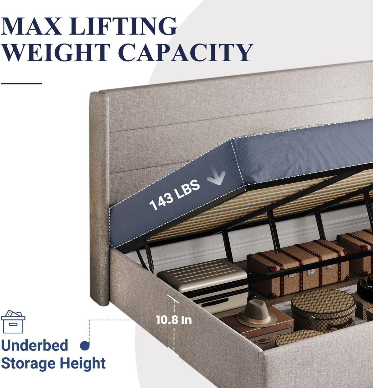 Queen Size Lift Up Storage Bed with Wingback Headboard, Upholstered Platform Bed Frame with Hidden Storage