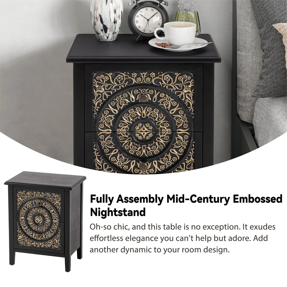 Farmhouse Fully Assembled Nightstand with 2 Drawers, Flower Motif End Table for Small Spaces