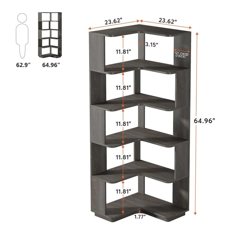 64.9 Inch Tall 6-Tier Corner Bookshelf, Freestanding Wood Industrial Bookcase