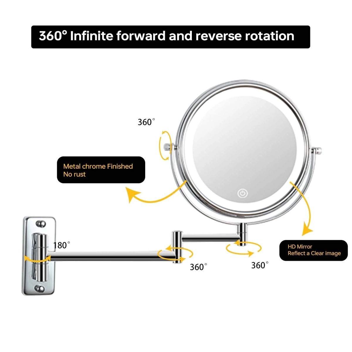 8 Inch Round Wall Mounted Makeup Mirror, Rechargeable, 1X/10X Magnification, 3-Color LED Lights