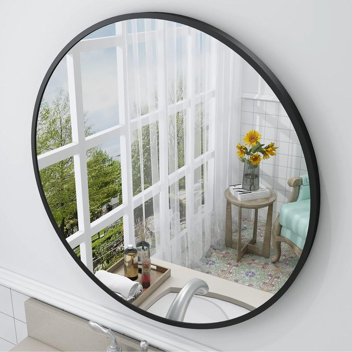 Round Metal Black Frame Bathroom Vanity Mirror, Wall Mounted Decorative Mirror