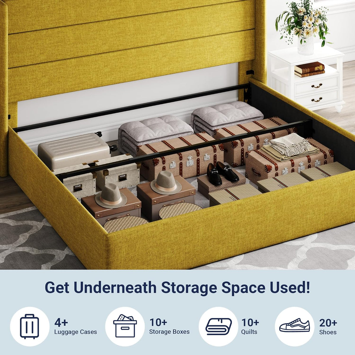 Queen Size Lift Up Storage Bed with Wingback Headboard, Upholstered Platform Bed Frame with Hidden Storage