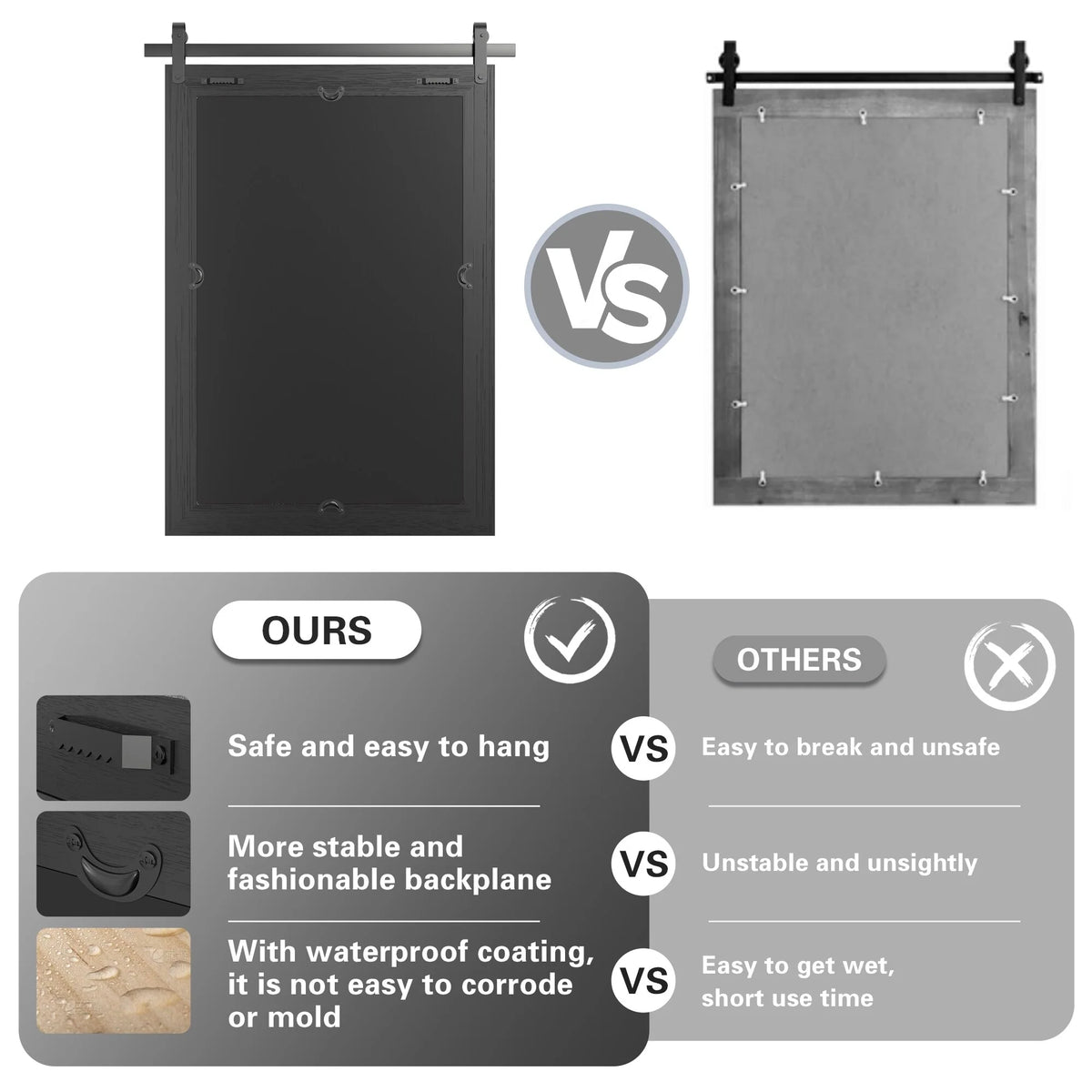 Modern Rectangular Wall Mirror with Wood Frame, Bathroom and Barn Door Mirror, Multiple Sizes