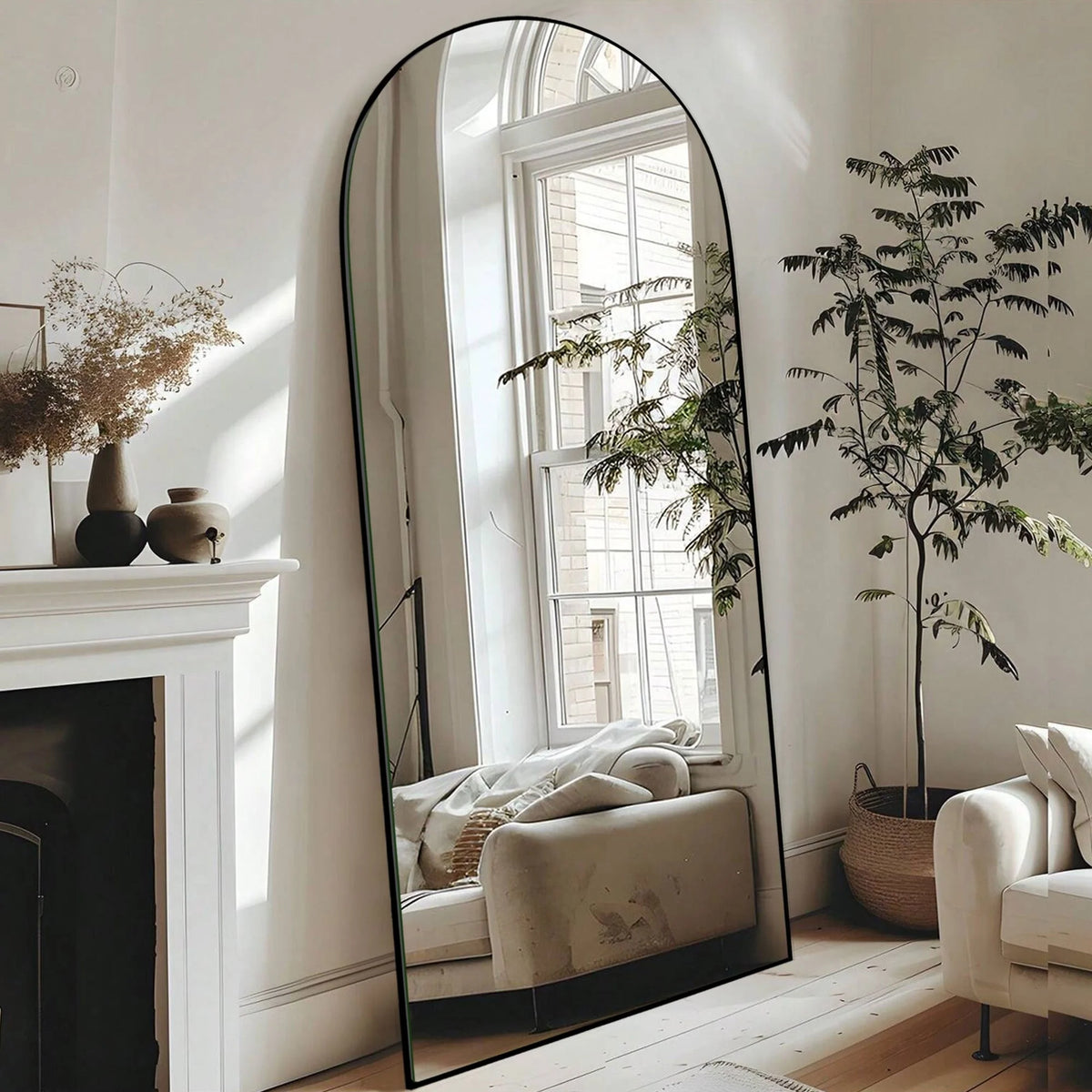 Arched Full Length Wood Floor Mirror, Full Body Standing and Wall Mounted Mirror for Bedroom, Living Room and Home Decor