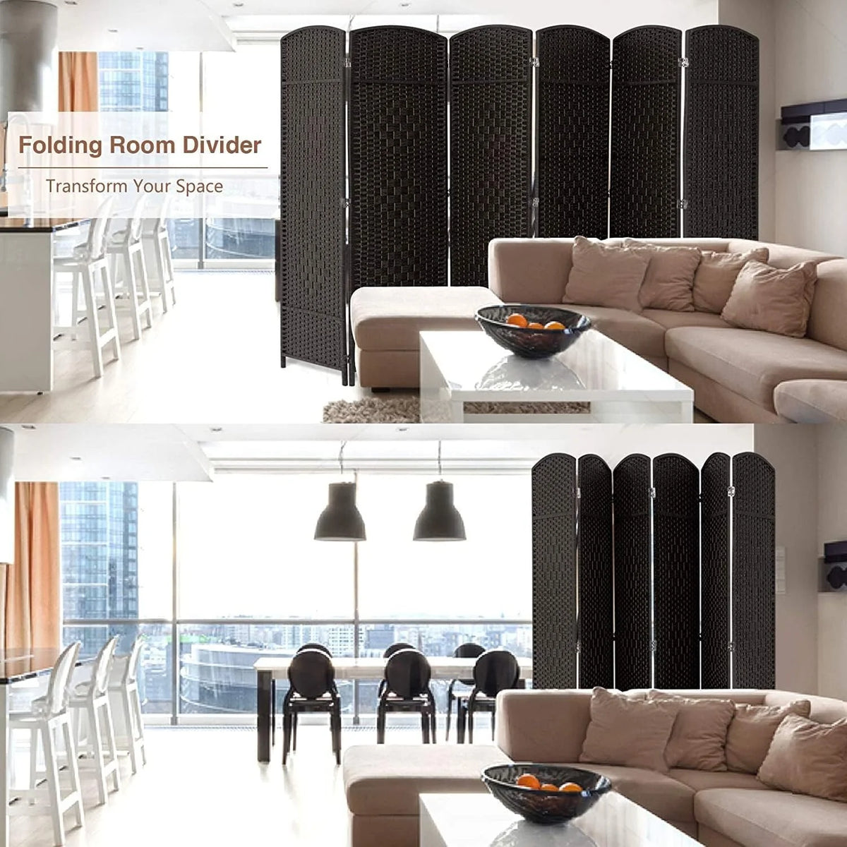 6 FT Tall Woven Fiber Room Divider, Freestanding Folding Privacy Screen
