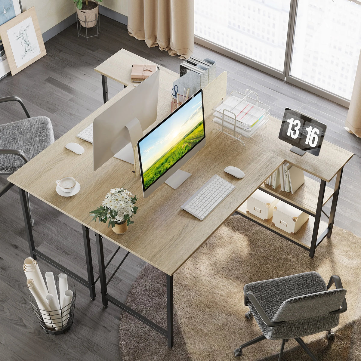 Small L Shaped Computer Desk with Storage Shelves, Compact Corner Workstation for Home Office and Study