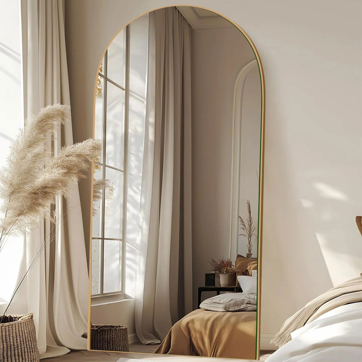 Arched Full Length Wood Floor Mirror, Full Body Standing and Wall Mounted Mirror for Bedroom, Living Room and Home Decor