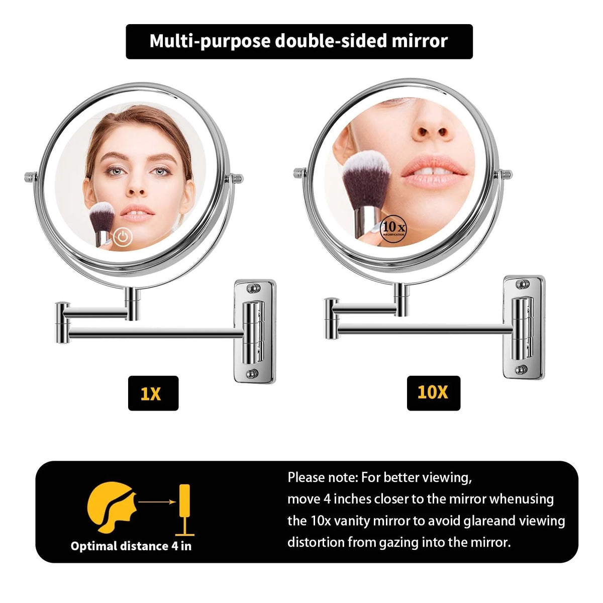 8 Inch Round Wall Mounted Makeup Mirror, Rechargeable, 1X/10X Magnification, 3-Color LED Lights
