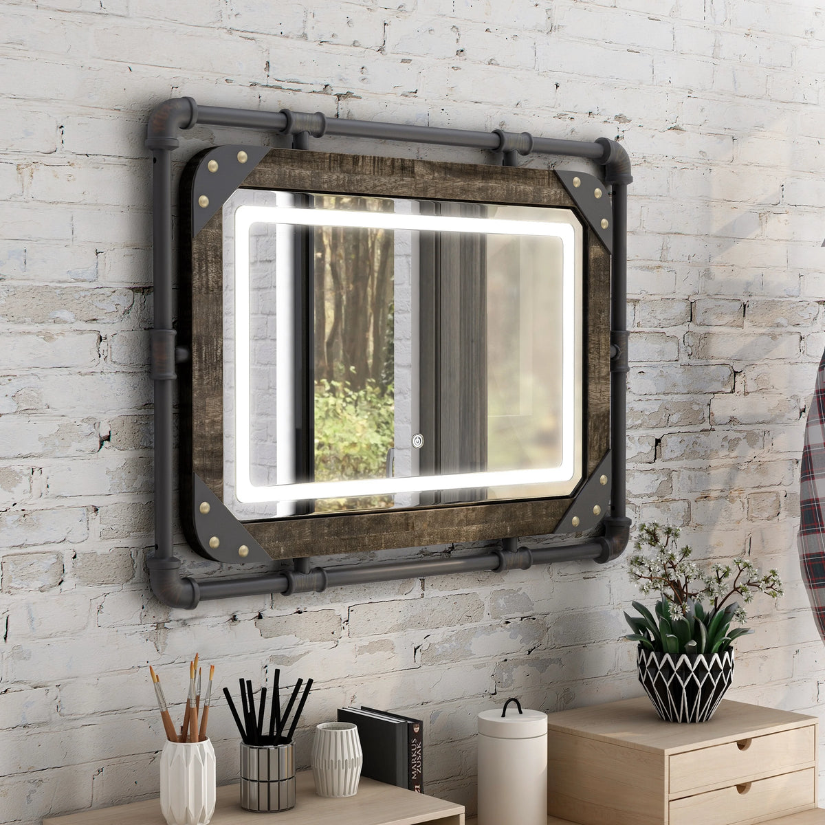 Industrial Metal Wall Mirror with LED Lights, Modern Decorative Mirror for Home