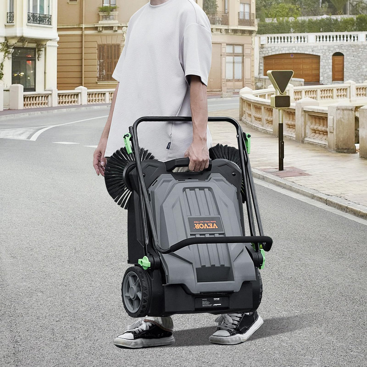 Walk-Behind Hand Push Floor Sweeper, 5-Gallon Waste Container, Manual Outdoor Sweeping Machine