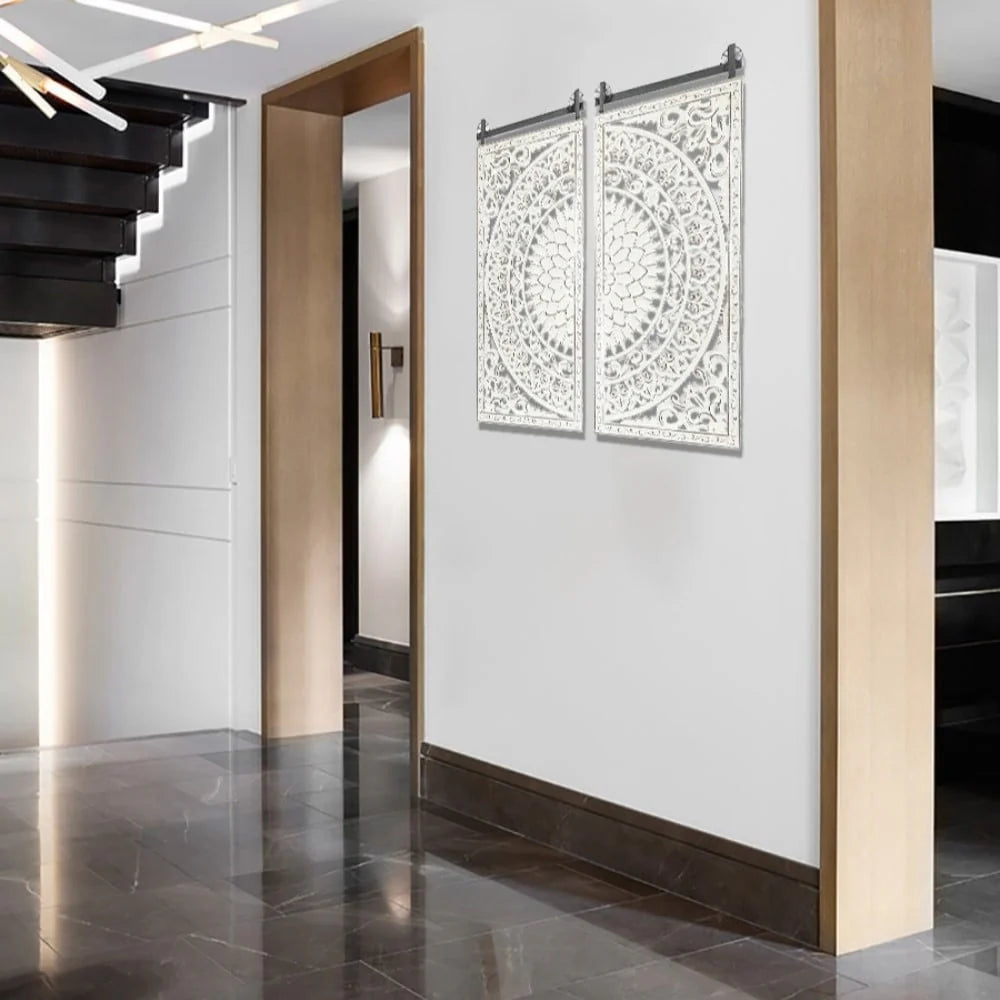 Set of 2 Distressed Ivory White Wood Flower Wall Art with Black Accents