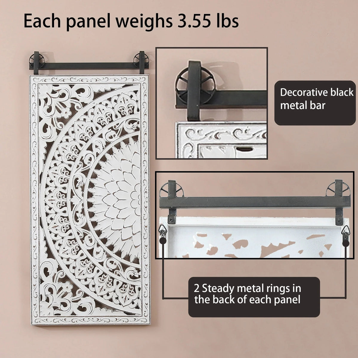 Set of 2 Distressed Ivory White Wood Flower Wall Art with Black Accents