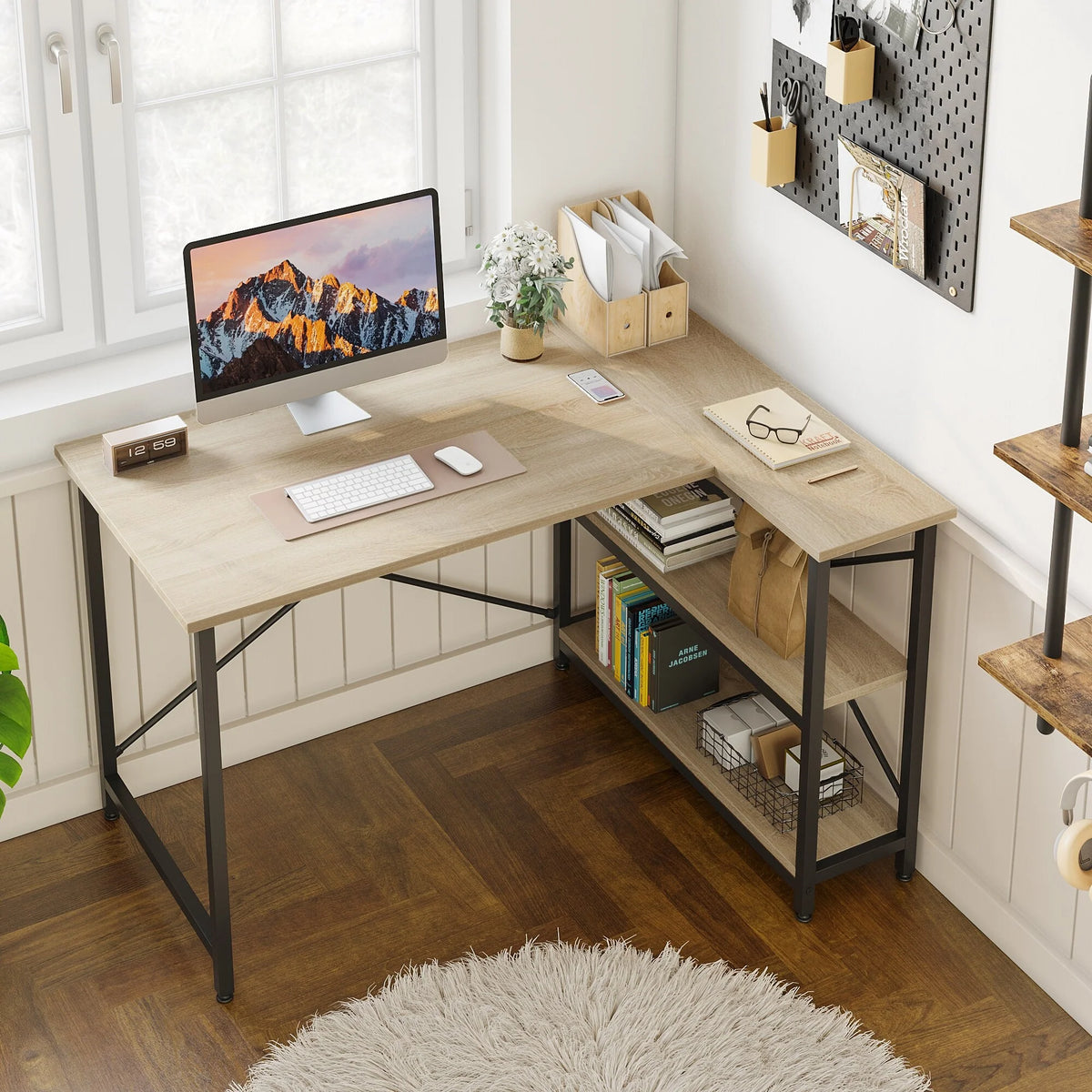 Small L Shaped Computer Desk with Storage Shelves, Compact Corner Workstation for Home Office and Study