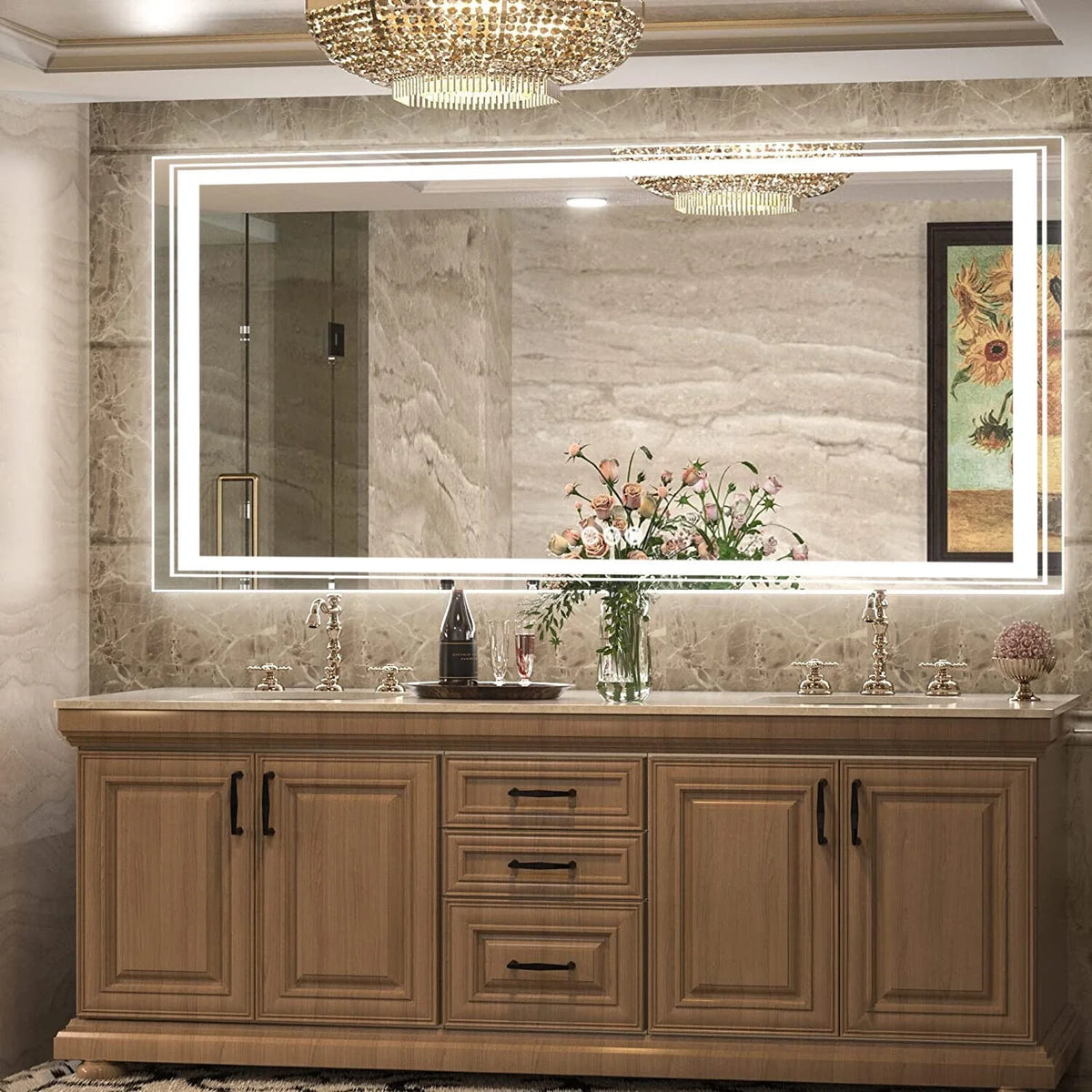Extra Large LED Lighted Bathroom Mirror, Anti-Fog Wall Mounted Vanity Mirror with 3 Colors