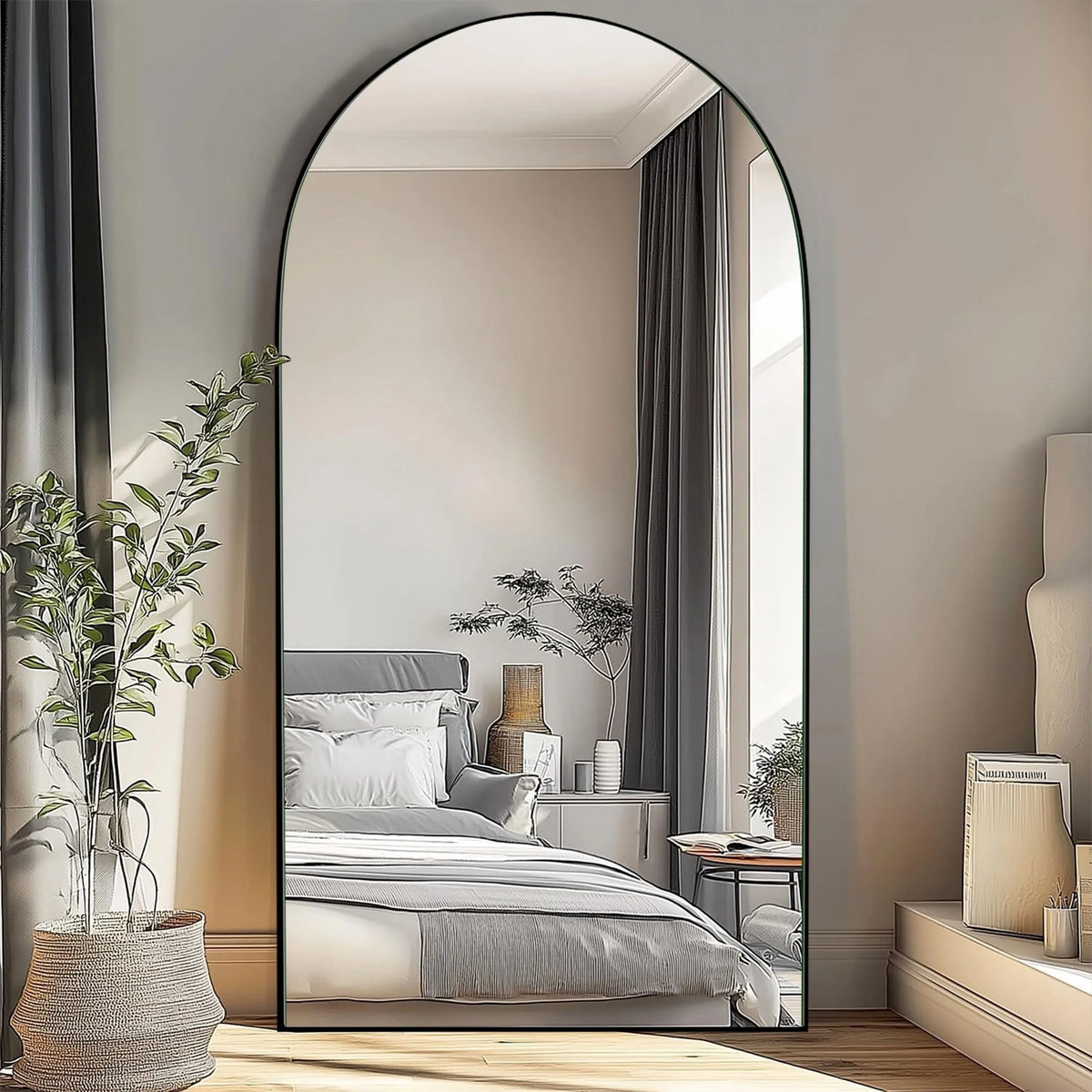 Arched Full Length Wood Floor Mirror, Full Body Standing and Wall Mounted Mirror for Bedroom, Living Room and Home Decor