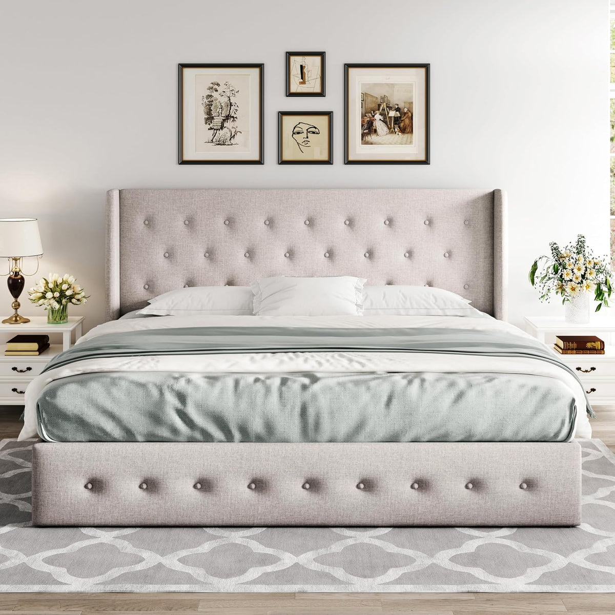 Queen Size Lift Up Storage Bed with Wingback Headboard, Upholstered Platform Bed Frame with Hidden Storage